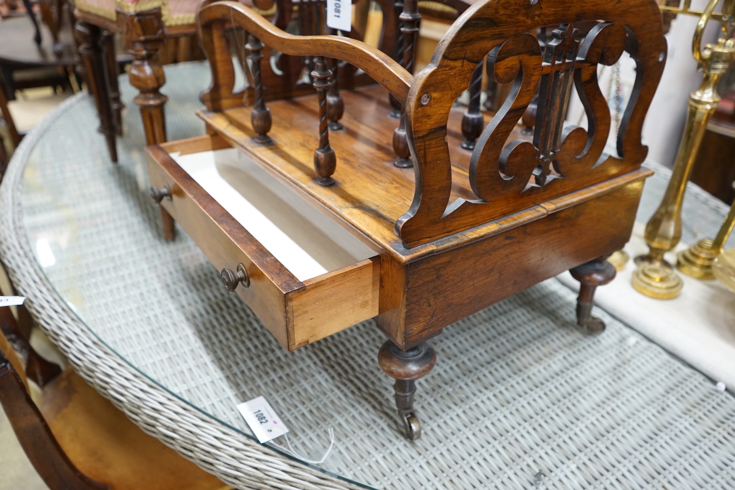 A Victorian rosewood three division Canterbury, width 52cm, depth 40cm, height 48cm